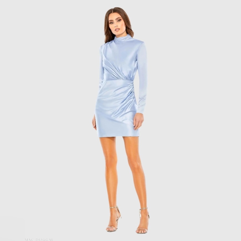 Ieena for Mac Duggal Mock Neck Draped Long Sleeve Mini Dress